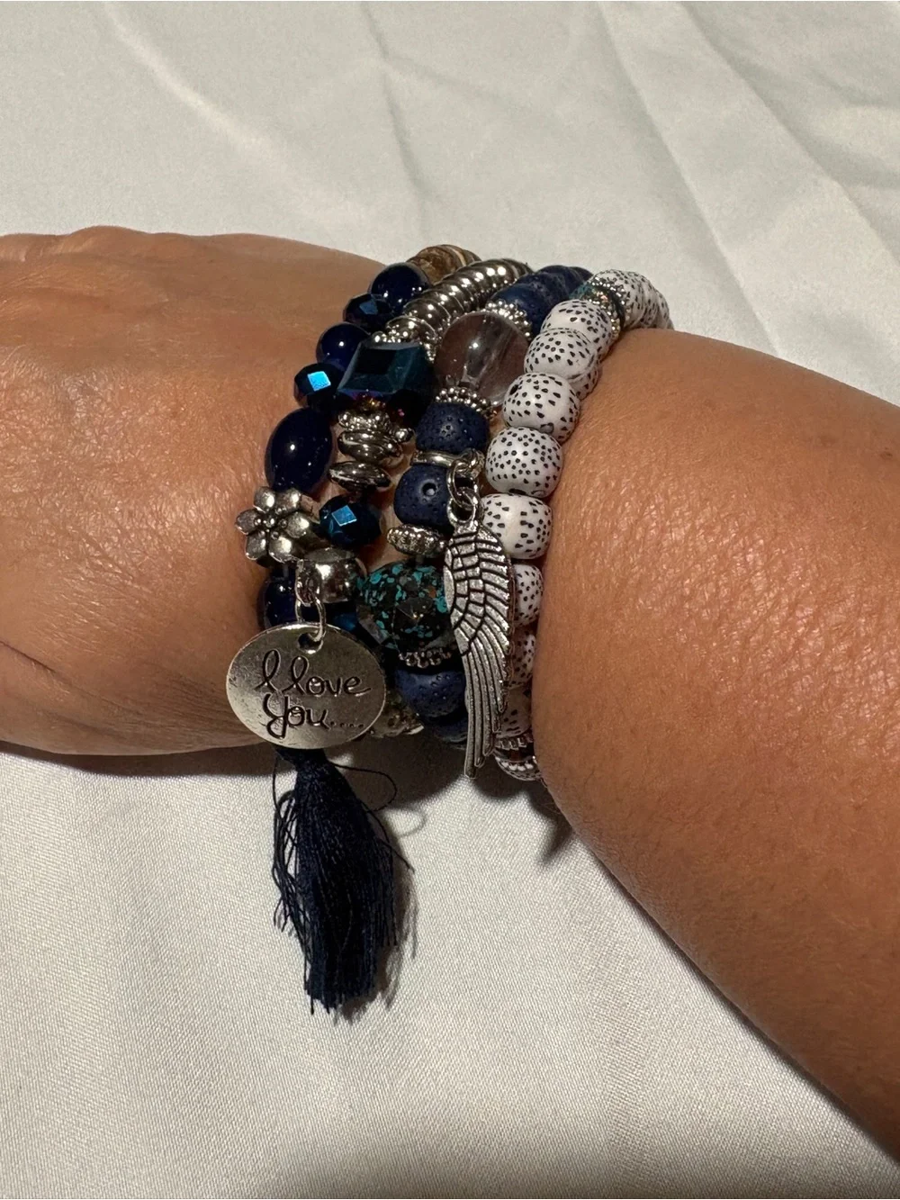 Blue & White Boho Bracelet Stack Set | Silver Angel Wing & Love You Charm | Laye